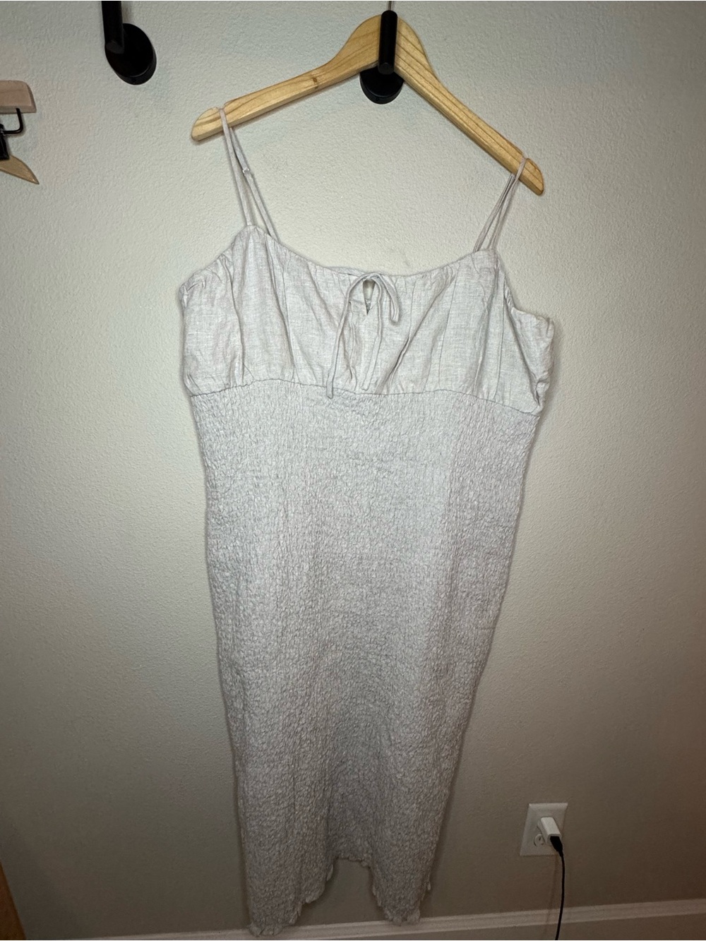 J.Crew Size 20 Linen Smocked Midi Dress Oatmeal Tie Front Sleeveless Cottagecore